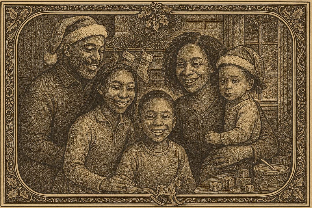 Nast Harper's Engraving — Thomas Nast's wood-engraved Christmas — holly, a hearth, the first Santa's workshop.