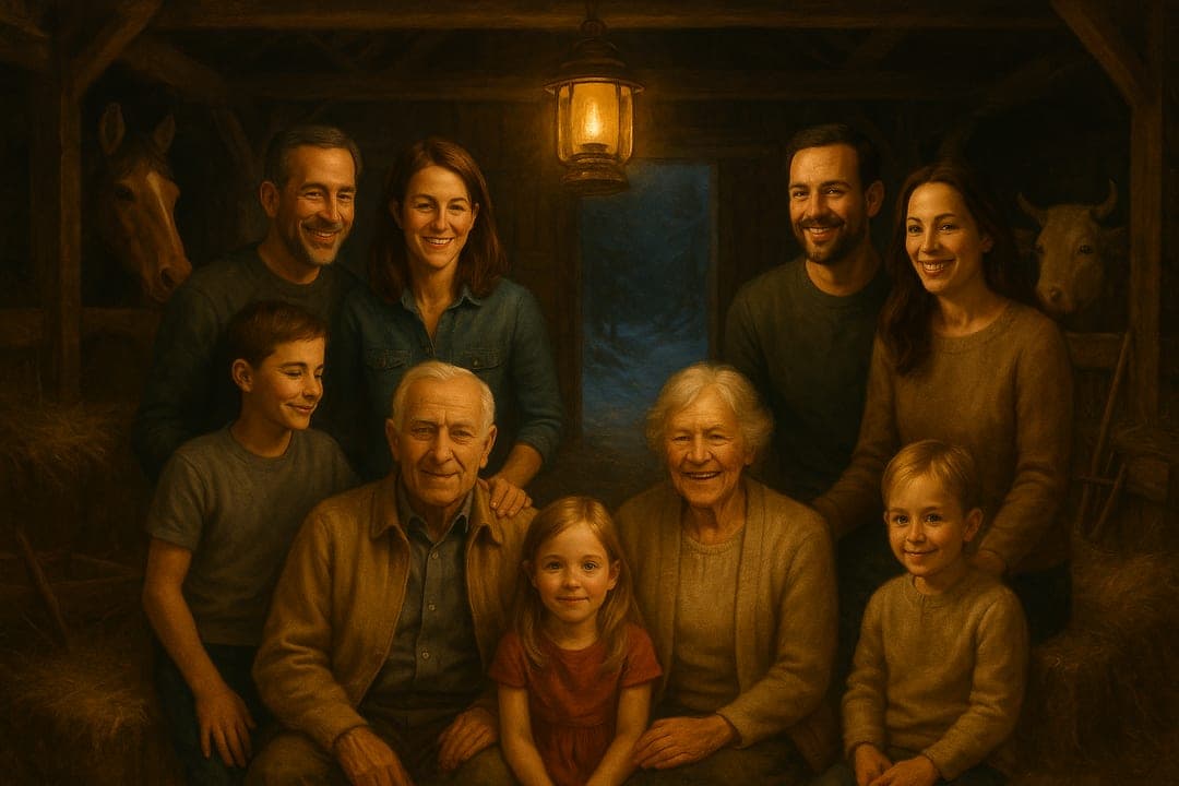 Stable Lantern Scene — A lantern-lit barn on Christmas Eve — hay, warm animals, the subject in the straw-gold light.
