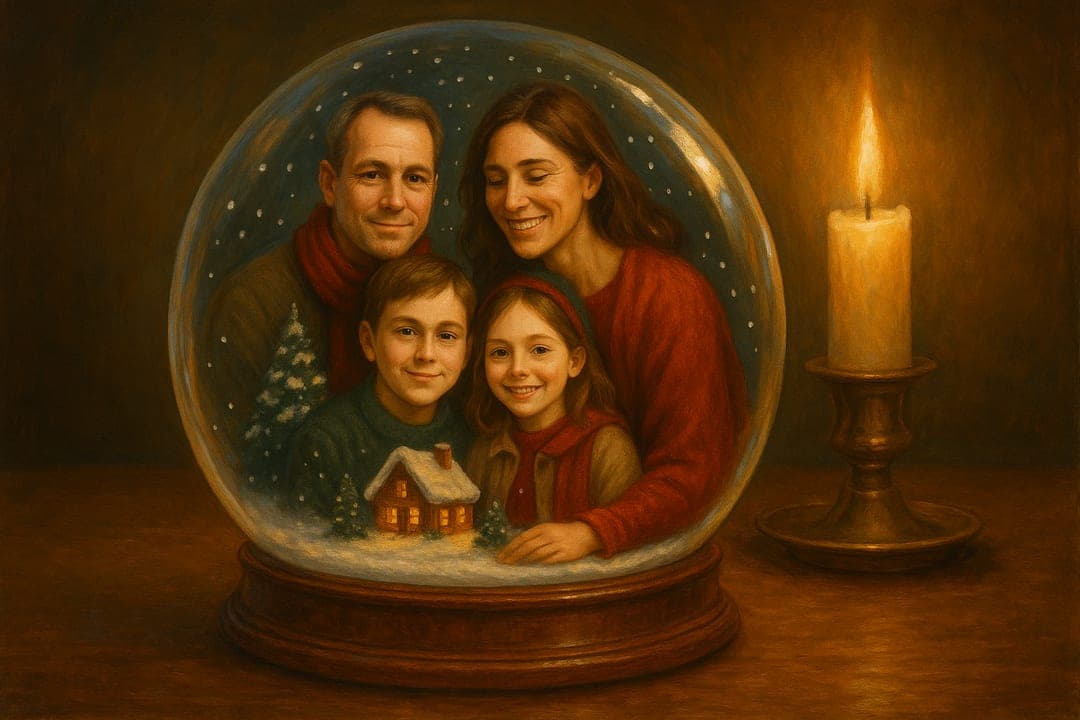 Snow-Globe Scene — The subject inside a glass snow globe — a tiny lit cottage, falling flakes, a carved wooden base.