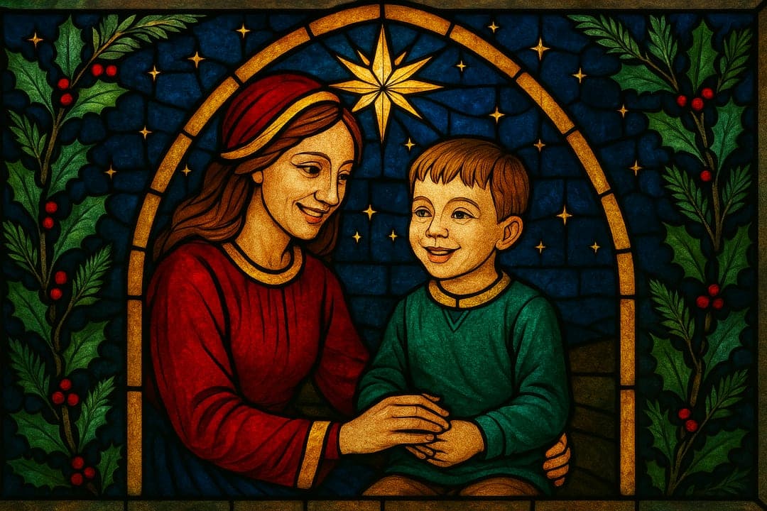 Cathedral Stained Glass — Leaded medieval glass — deep ruby and cobalt, a star, light pouring through.