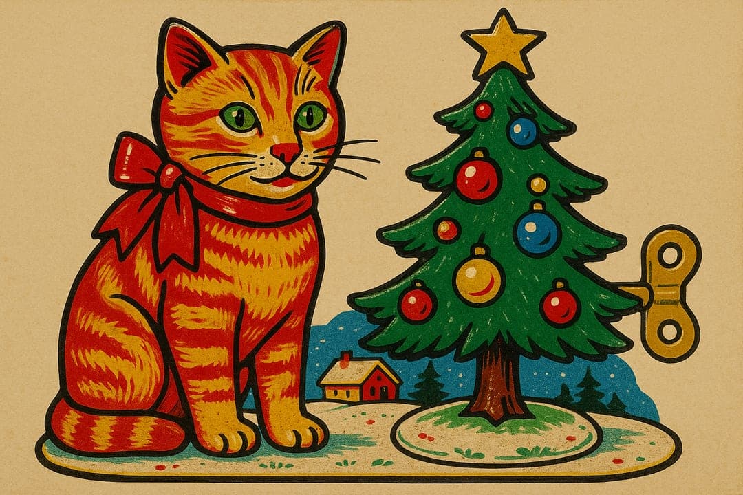 Tin-Toy Christmas — A 1930s lithographed tin-toy look — the subject as a painted-tin tableau with a wind-up key.