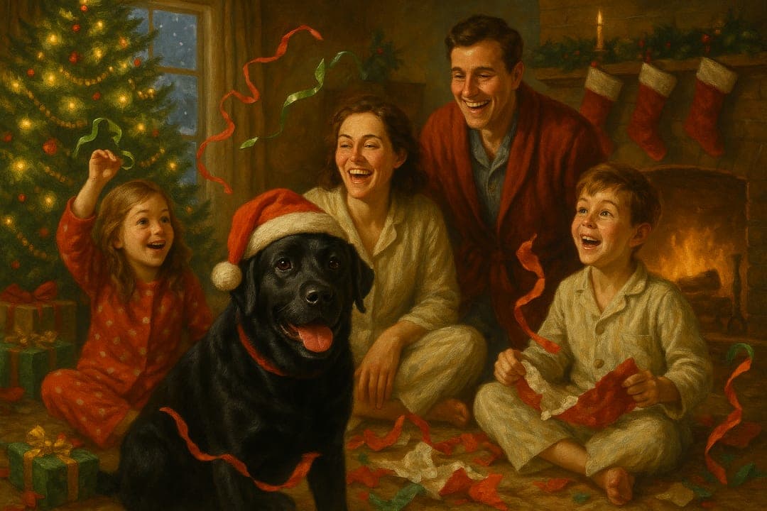 Christmas-Morning Cover — The tree, the paper flying, the dog in the ribbons — the magazine-cover moment everyone remembers.