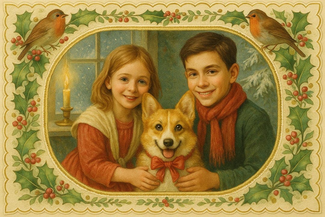 Victorian Christmas Card — A chromolithograph greeting card — robins, holly, gilt scallops, a frosted window.
