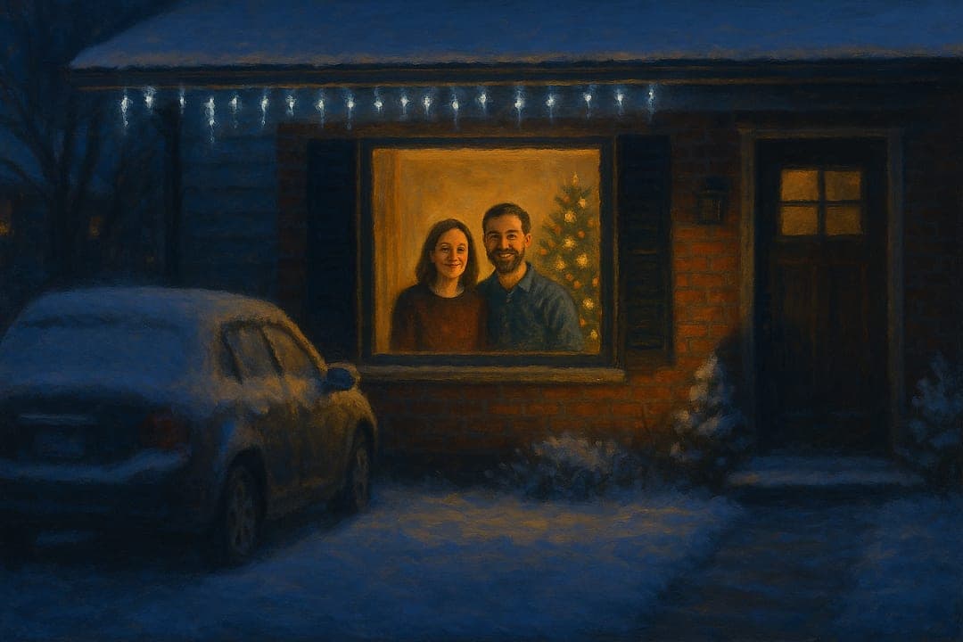 Lit Window, From Outside — The house from the sidewalk after dark — cold blue snow, one warm window.