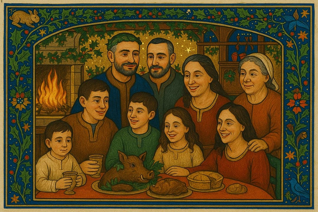 Yule-Log Hall — A medieval great hall — the yule log, holly and ivy, the subject at the feast in illuminated colour.