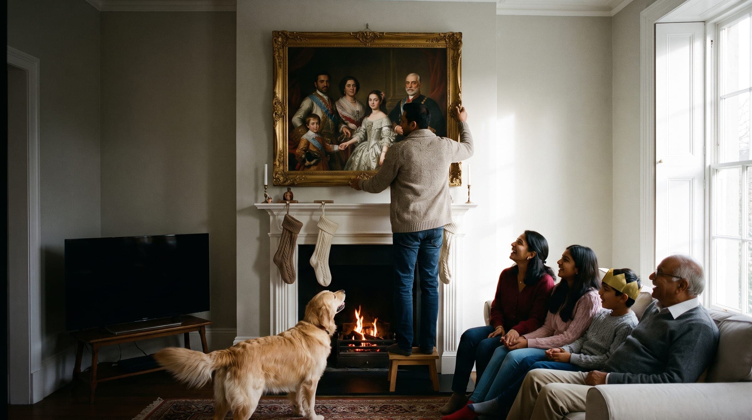A family portrait in a gilt frame above the fireplace, the family on the sofa below.