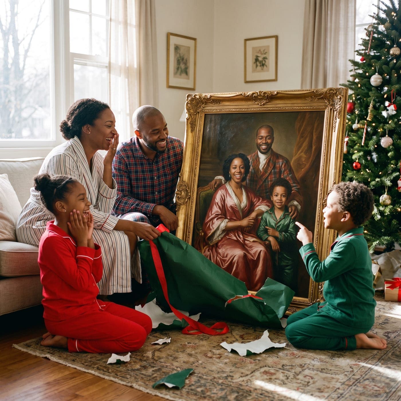 A family on the living-room rug on Christmas morning, opening their portrait.