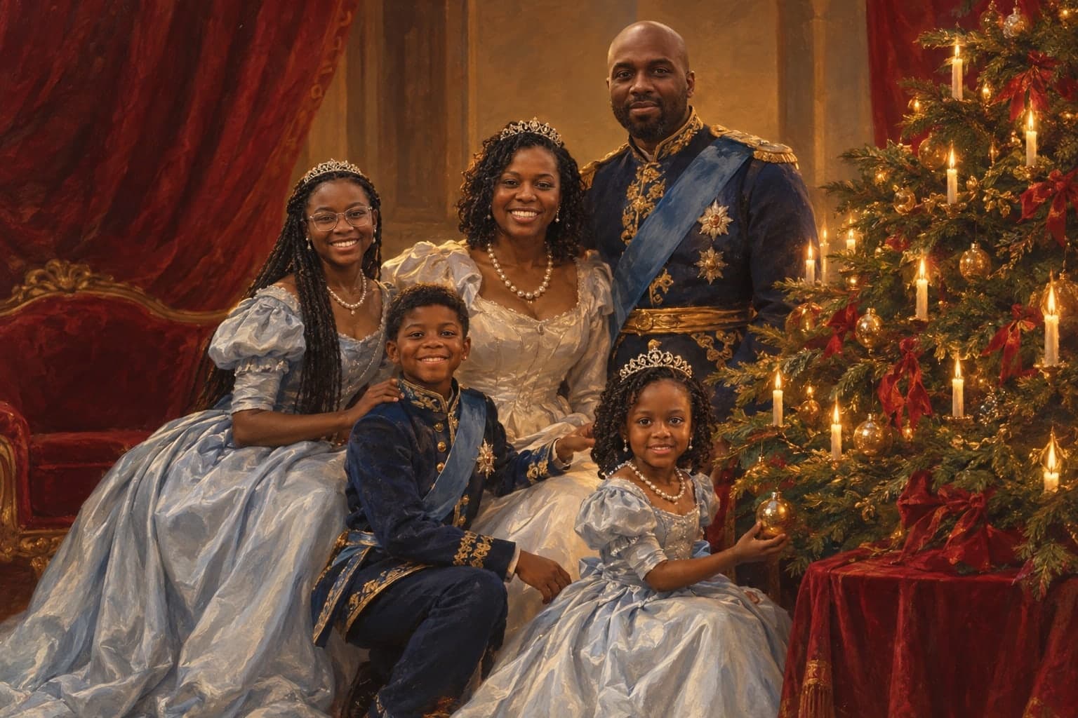 Christmas at Windsor: a family of five painted as royalty beside a candlelit tree, the father in a navy dress uniform and blue sash, the mother in ivory silk and pearls, the eldest daughter in her own glasses and a tiara, her brother in a uniform like his father’s, and the youngest holding a gold bauble.