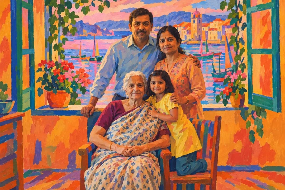 Open Window, Collioure, painted from a sample photograph of four in a living room, the eldest seated in the armchair.