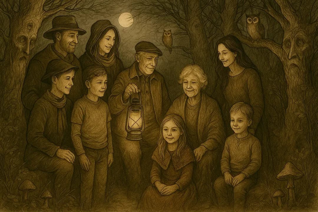Hollow-Tree Storybook — A Rackham-style storybook plate — gnarled trees with faces, owls, the subject brave in the lantern glow.